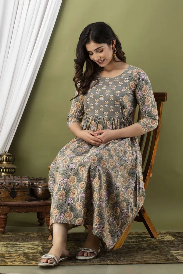 Grey_Pure_Cotton_Floral_Print_Casual_Regular_Fit_Round_Neck_Maternity_A-Line_Kurta_For_Women