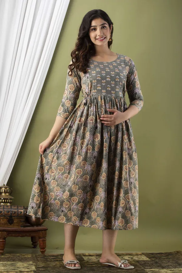 Grey_Pure_Cotton_Floral_Print_Casual_Regular_Fit_Round_Neck_Maternity_A-Line_Kurta_For_Women