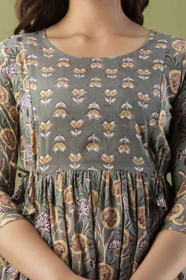 Grey_Pure_Cotton_Floral_Print_Casual_Regular_Fit_Round_Neck_Maternity_A-Line_Kurta_For_Women