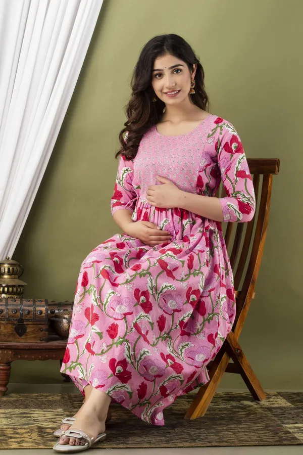 Pink_Pure_Cotton_Floral_Print_Casual_Regular_Fit_Round_Neck_Anarkali_Gown_For_Women