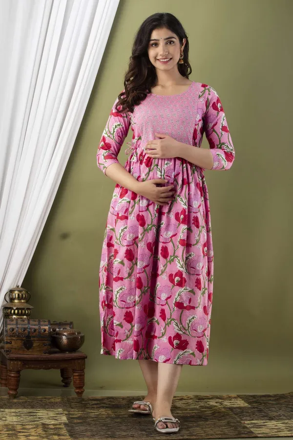 Pink_Pure_Cotton_Floral_Print_Casual_Regular_Fit_Round_Neck_Anarkali_Gown_For_Women