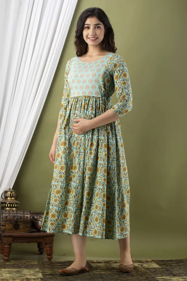 Light_Green_Pure_Cotton_Floral_Print_Casual_Regular_Fit_Round_Neck_Anarkali_Gown_For_Women