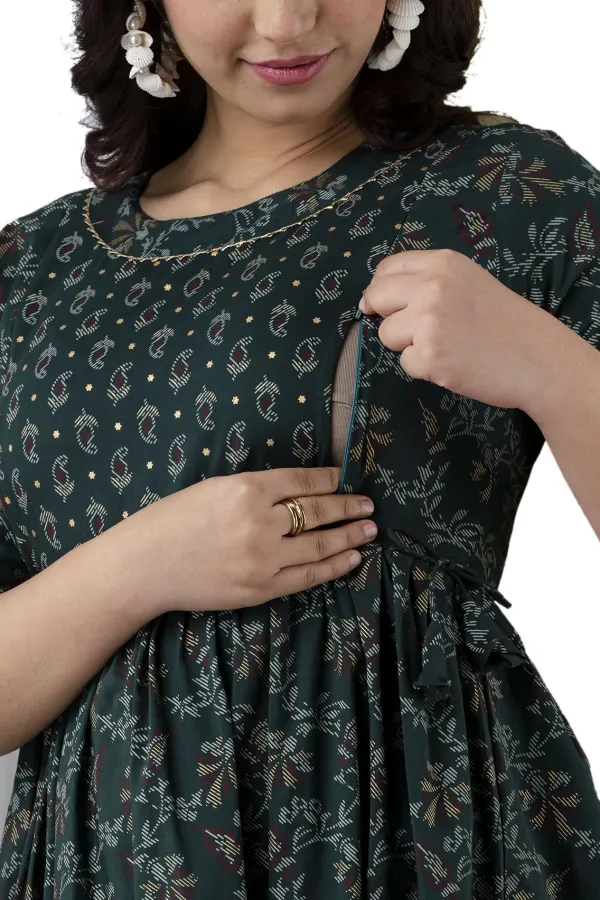 Dark_Green_Cotton_Printed_Regular_Fit_Maternity_Nighty_For_Women