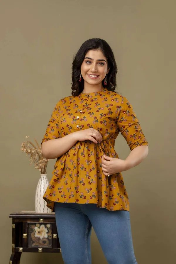 Yellow_Pure_Cotton_Printed_Mandarin_Collar_Regular_Fit_Top_For_Women