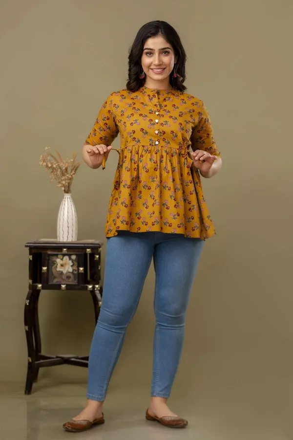 Yellow_Pure_Cotton_Printed_Mandarin_Collar_Regular_Fit_Top_For_Women