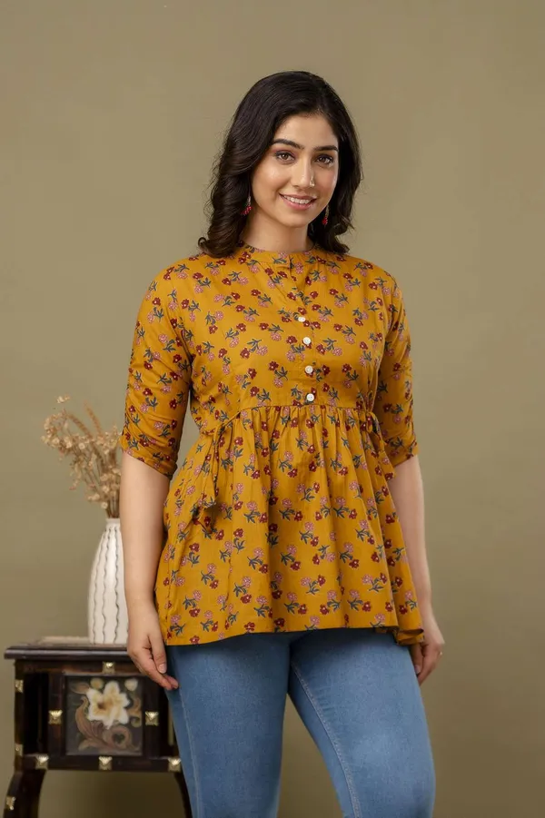 Yellow_Pure_Cotton_Printed_Mandarin_Collar_Regular_Fit_Top_For_Women