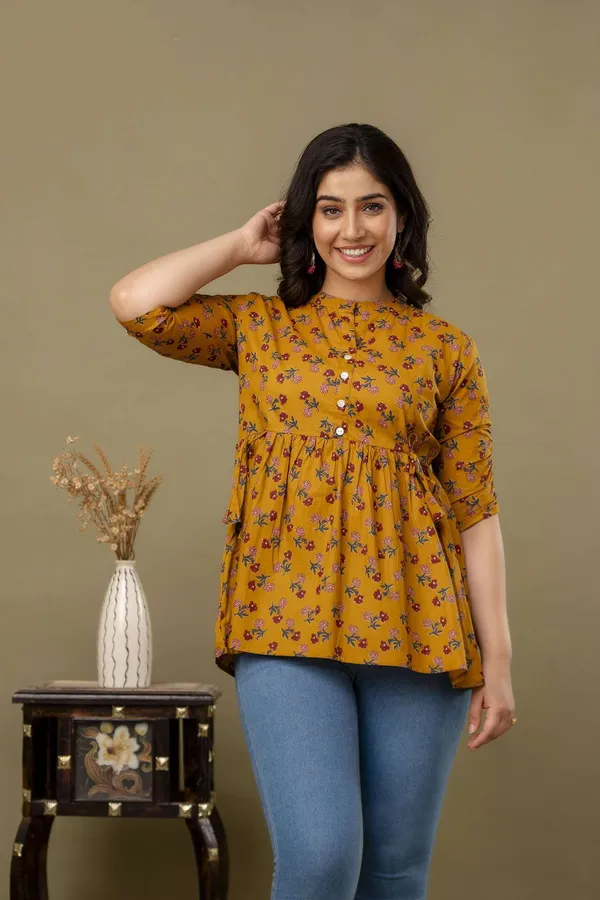 Yellow_Pure_Cotton_Printed_Mandarin_Collar_Regular_Fit_Top_For_Women