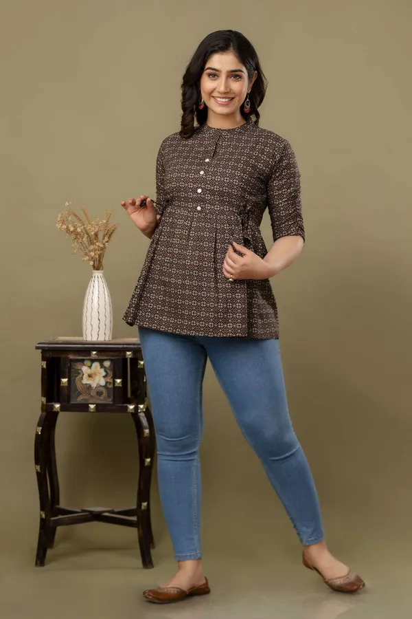 Black_Pure_Cotton_Printed_Mandarin_Collar_Regular_Fit_Top_For_Women