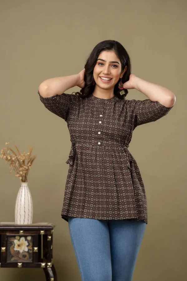 Black_Pure_Cotton_Printed_Mandarin_Collar_Regular_Fit_Top_For_Women