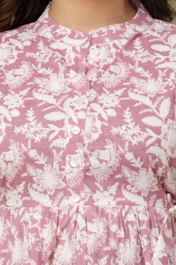 White_&_Pink_Pure_Cotton_Printed_Mandarin_Collar_Regular_Fit_Top_For_Women