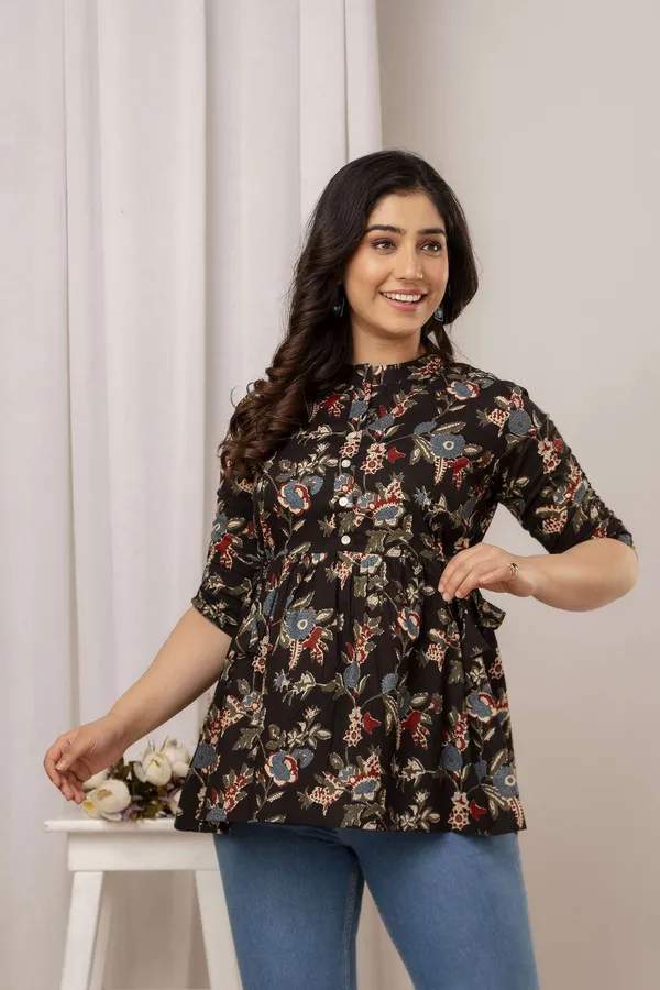 Beige_Pure_Cotton_Printed_Mandarin_Collar_Regular_Fit_Top_For_Women