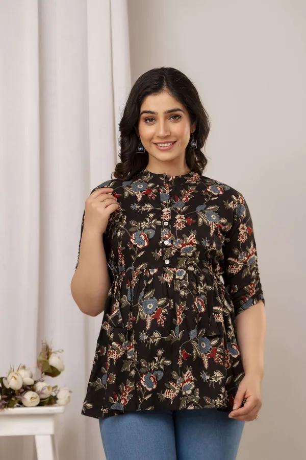 Beige_Pure_Cotton_Printed_Mandarin_Collar_Regular_Fit_Top_For_Women