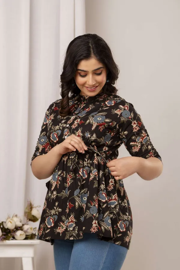 Beige_Pure_Cotton_Printed_Mandarin_Collar_Regular_Fit_Top_For_Women