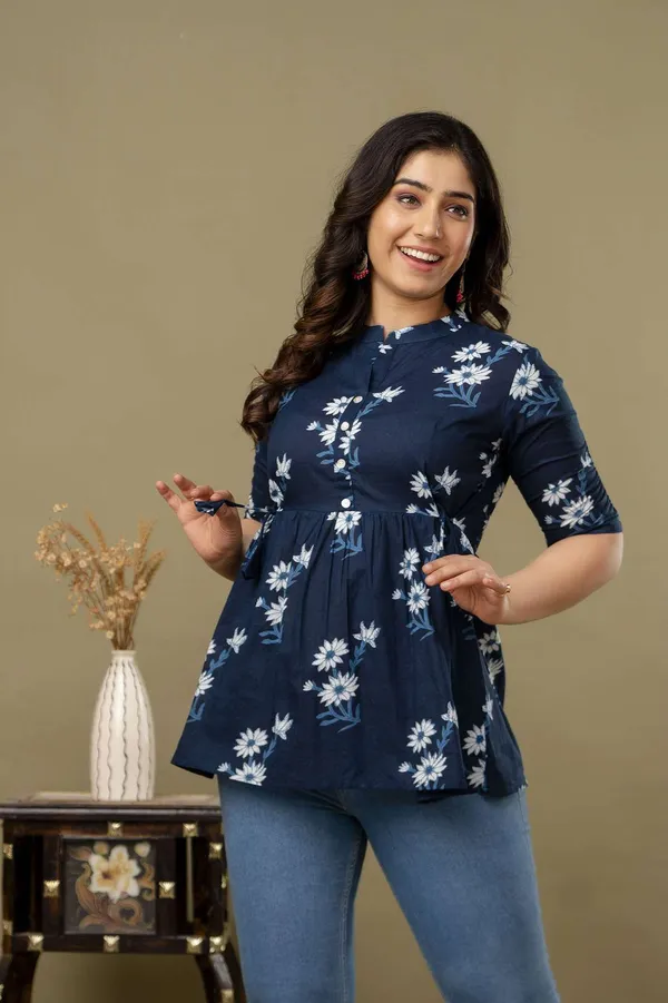 Dark_Blue_Pure_Cotton_Printed_Mandarin_Collar_Regular_Fit_Top_For_Women