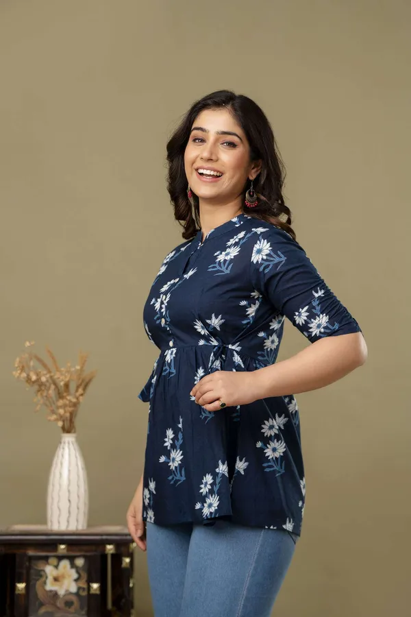Dark_Blue_Pure_Cotton_Printed_Mandarin_Collar_Regular_Fit_Top_For_Women