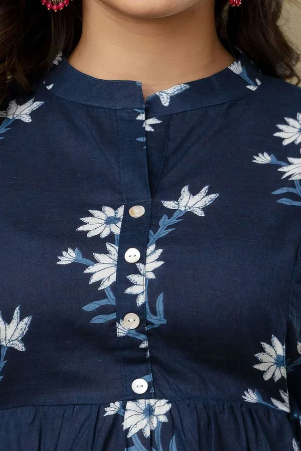 Dark_Blue_Pure_Cotton_Printed_Mandarin_Collar_Regular_Fit_Top_For_Women