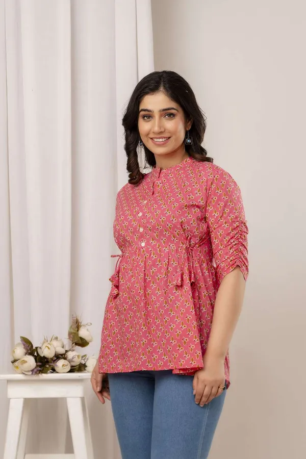 Pink_Pure_Cotton_Printed_Mandarin_Collar_Regular_Fit_Top_For_Women