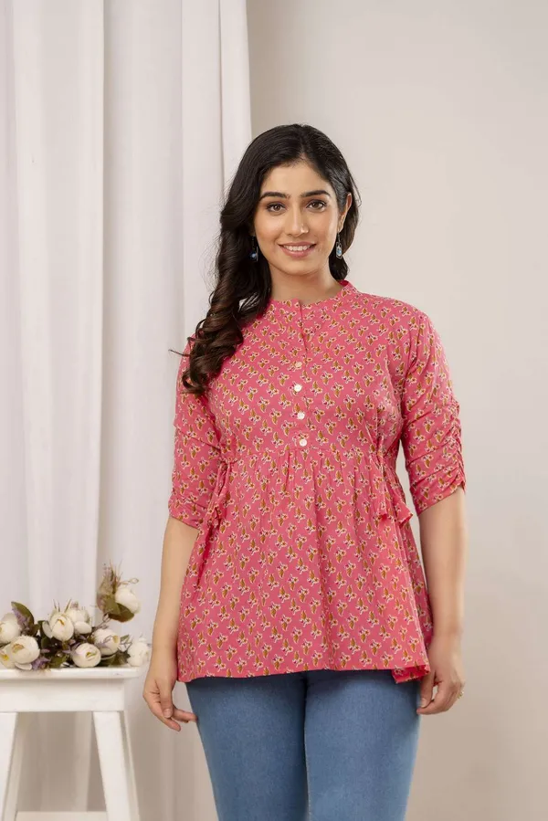 Pink_Pure_Cotton_Printed_Mandarin_Collar_Regular_Fit_Top_For_Women