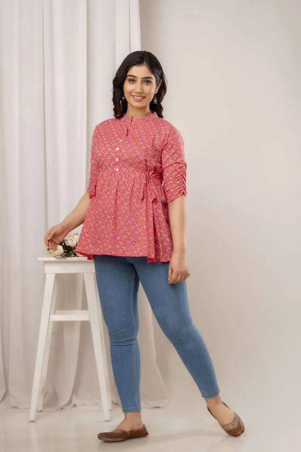 Pink_Pure_Cotton_Printed_Mandarin_Collar_Regular_Fit_Top_For_Women