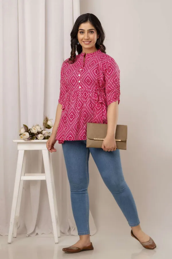 Pink_Pure_Cotton_Printed_Mandarin_Collar_Regular_Fit_Top_For_Women