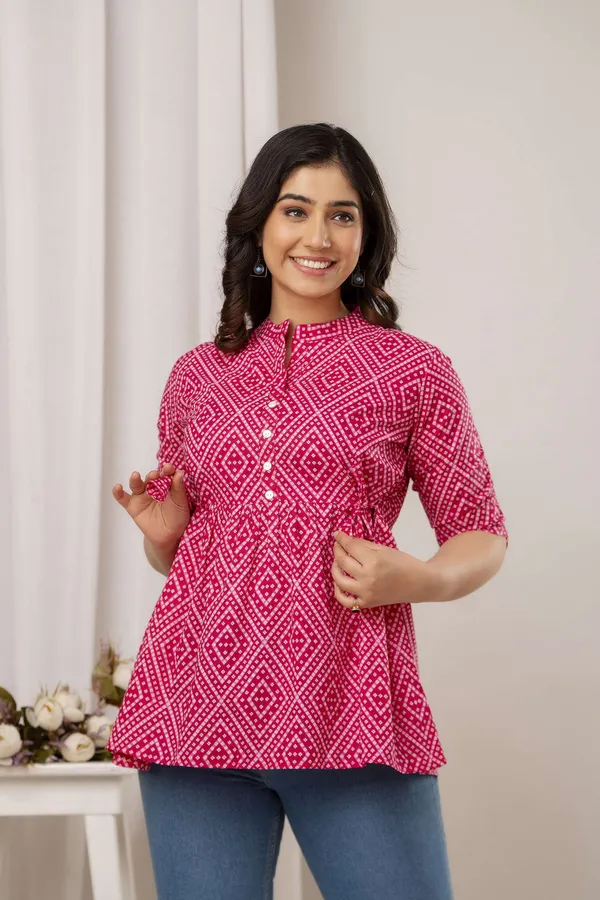 Pink_Pure_Cotton_Printed_Mandarin_Collar_Regular_Fit_Top_For_Women