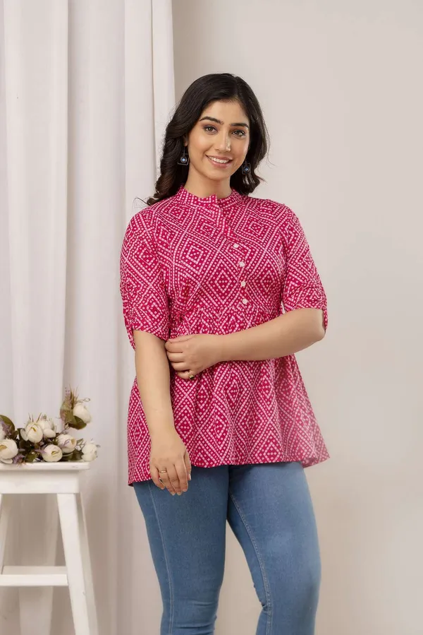 Pink_Pure_Cotton_Printed_Mandarin_Collar_Regular_Fit_Top_For_Women