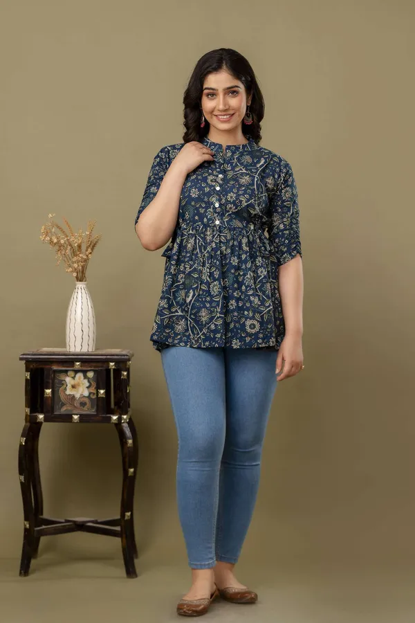 Light_Blue_Pure_Cotton_Printed_Mandarin_Collar_Regular_Fit_Top_For_Women