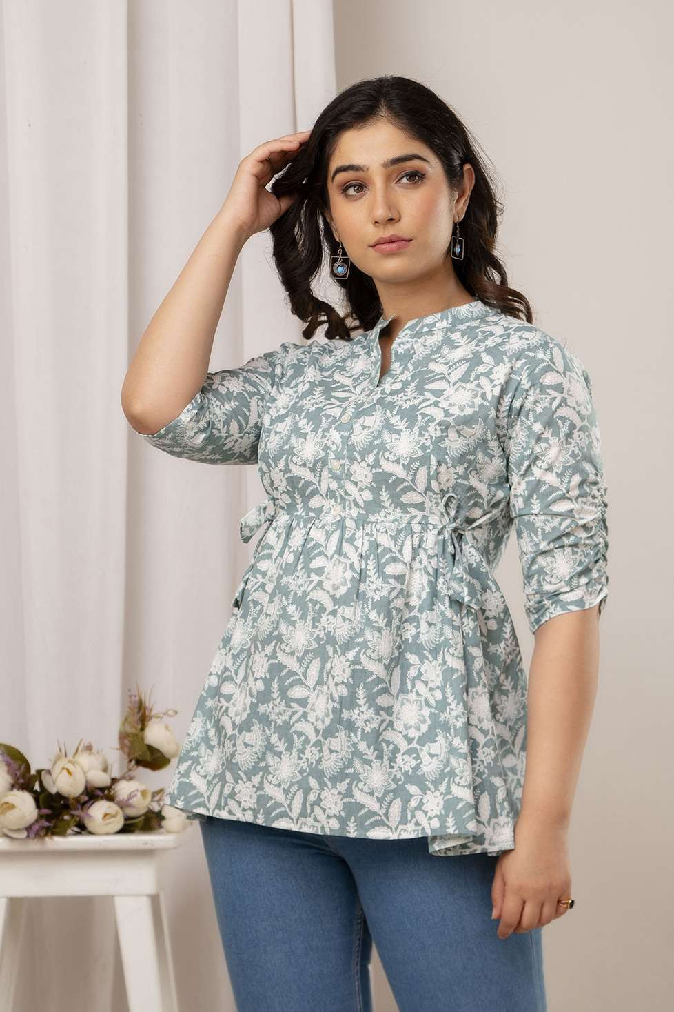 Grey_Pure_Cotton_Printed_Mandarin_Collar_Regular_Fit_Top_For_Women