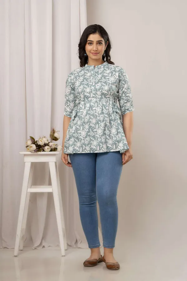 Grey_Pure_Cotton_Printed_Mandarin_Collar_Regular_Fit_Top_For_Women