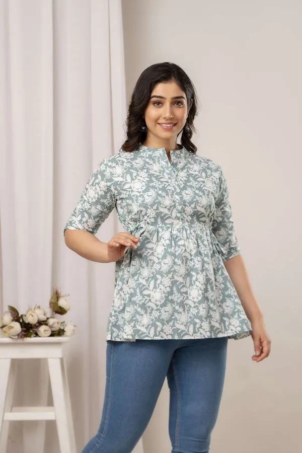 Grey_Pure_Cotton_Printed_Mandarin_Collar_Regular_Fit_Top_For_Women