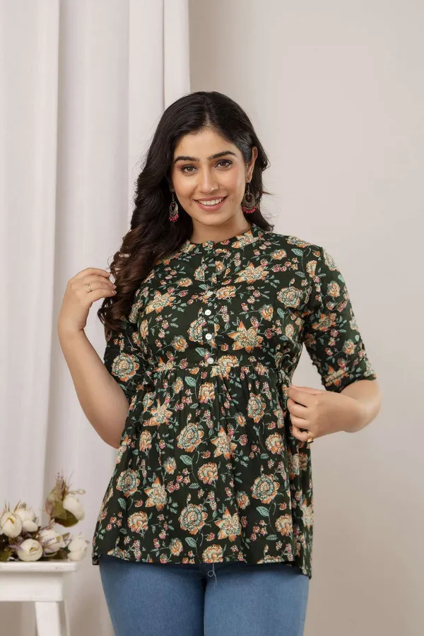 Dark_Green_Pure_Cotton_Printed_Mandarin_Collar_Regular_Fit_Top_For_Women