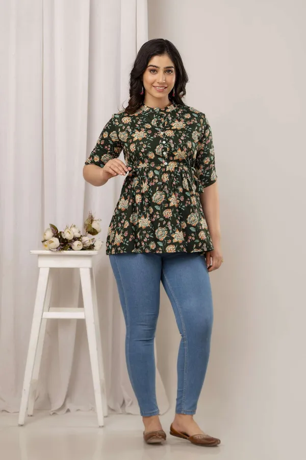 Dark_Green_Pure_Cotton_Printed_Mandarin_Collar_Regular_Fit_Top_For_Women