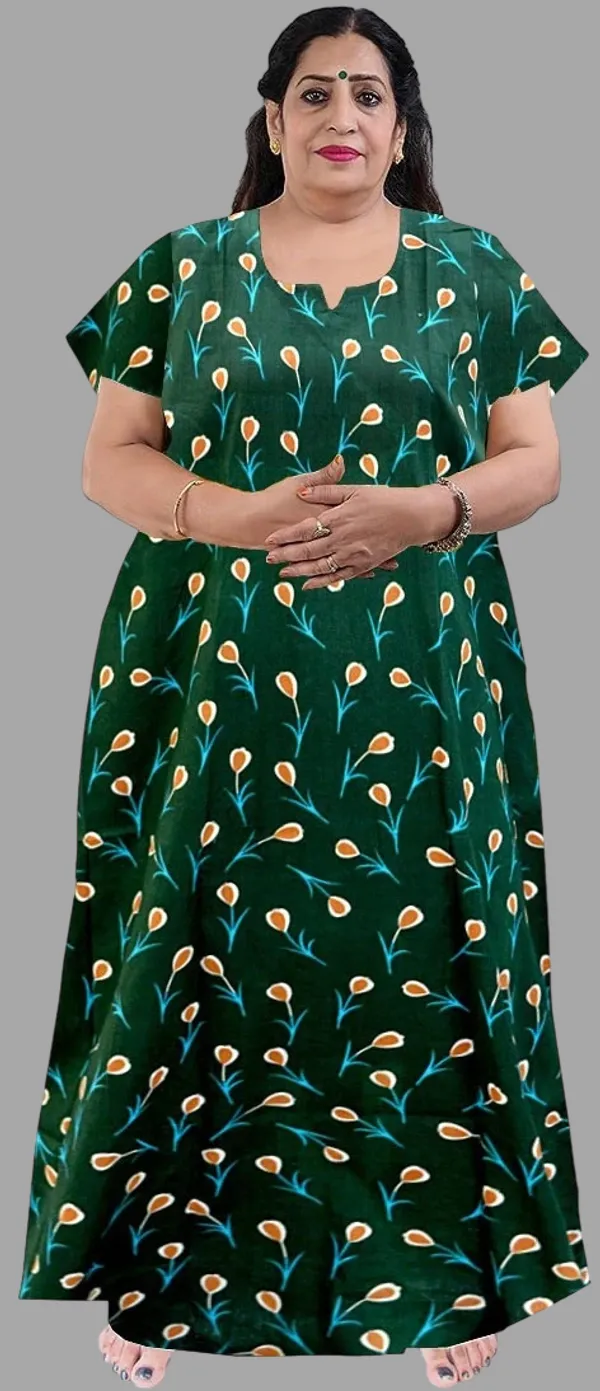 Dark_Green_Cotton_Printed_Regular_Fit_Nighty_For_Women