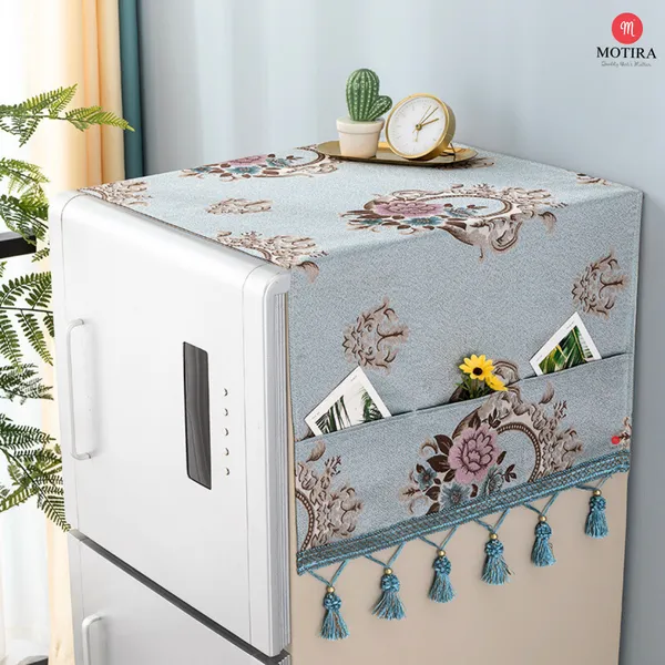 Motira_Decorative_Floral_Print_Fridge_Top_Cover|Single_Door|Refrigerator_Cover|Beautiful_Tassels|Embroidery_Designs|Washable_Material|_6_Utility_Pockets|Size_54_*_120_CM._(Flower_P_Green)