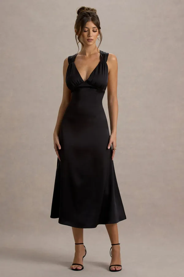 Black_Satin_Plunge_Neck_Cross-Back_Midi_Dress
