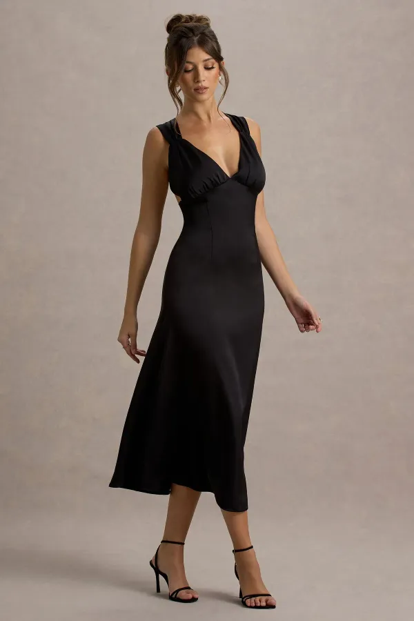 Black_Satin_Plunge_Neck_Cross-Back_Midi_Dress