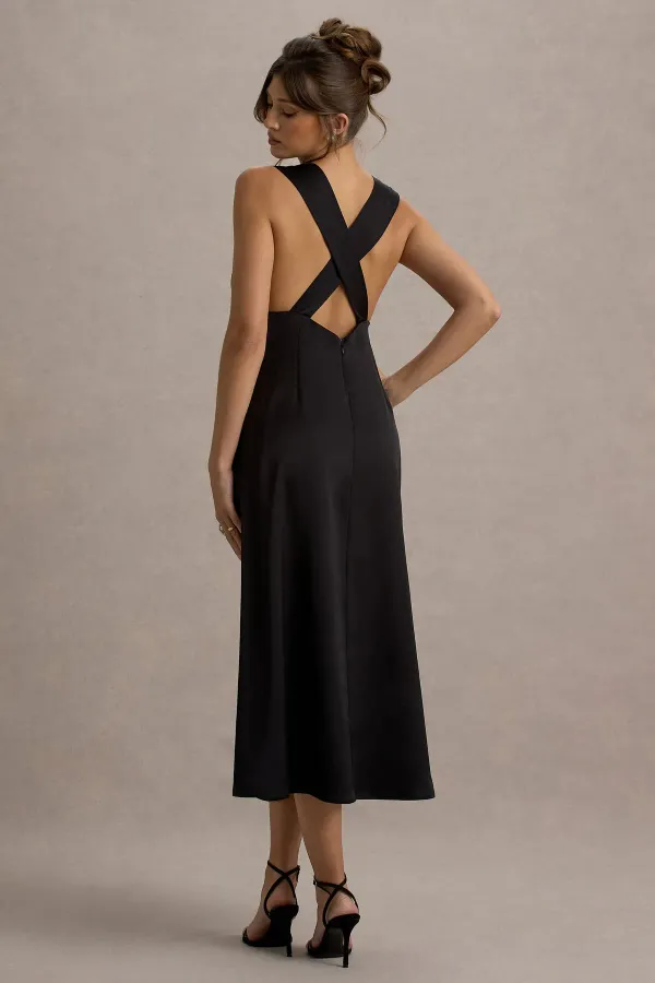 Black_Satin_Plunge_Neck_Cross-Back_Midi_Dress