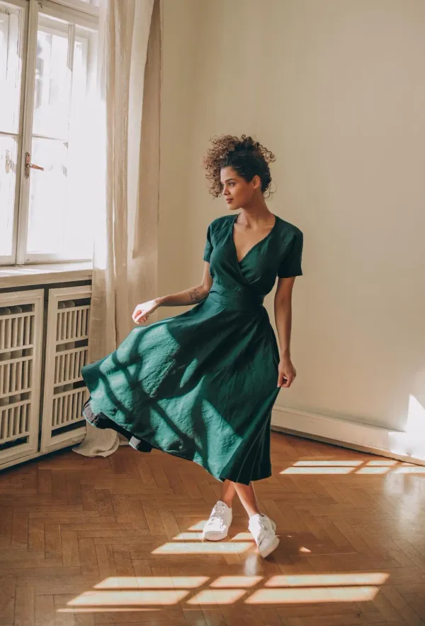 Green_Classic_Linen_Cotton_Dress_Women