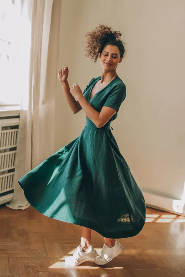 Green_Classic_Linen_Cotton_Dress_Women
