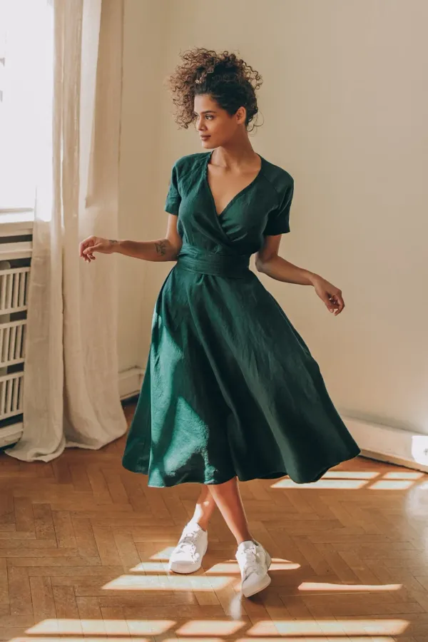 Green_Classic_Linen_Cotton_Dress_Women