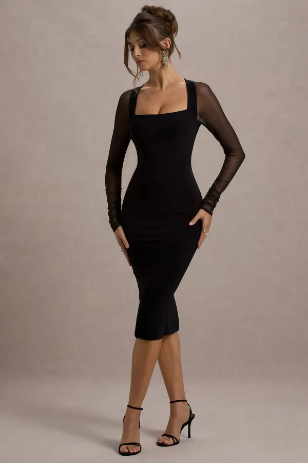 Black_Iconic_Bodycon_Midi_Dress_With_Sheer_Sleeves