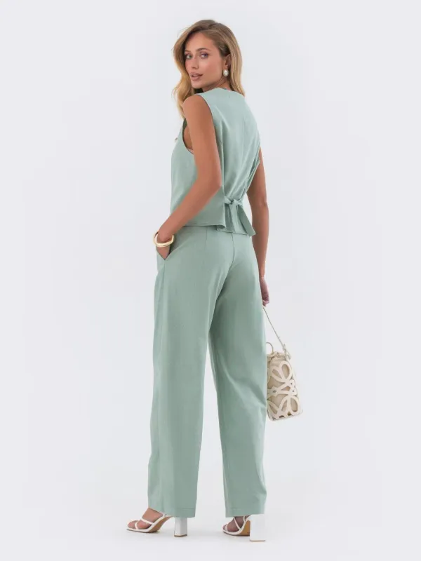 Green_Linen_Cotton_Two-Piece_Set_With_Sleeveless_Vest_And_Wide_Leg_Pants