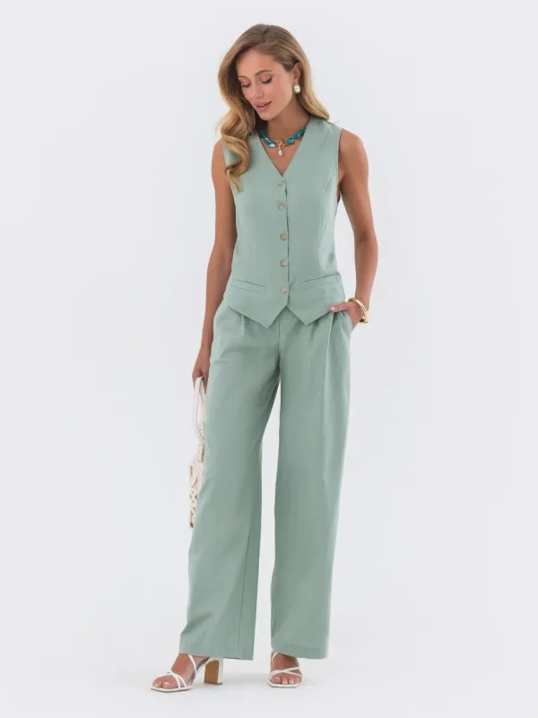 Green_Linen_Cotton_Two-Piece_Set_With_Sleeveless_Vest_And_Wide_Leg_Pants