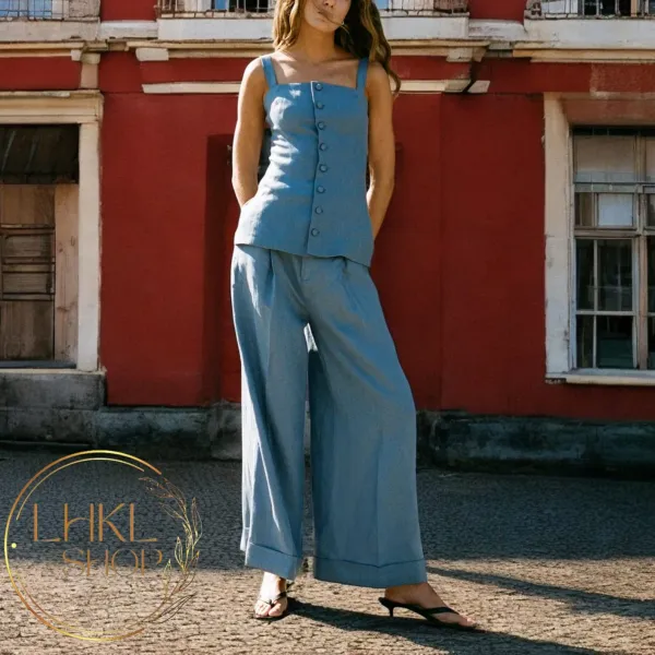 Denim_Blue_Sleeveless_Button_Front_Tank_Top_Wide_Leg_Trousers