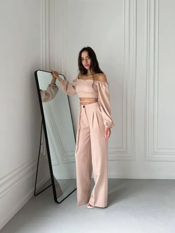 Beige_Stylish_Sleeveless_Tie-Up_Top_And_Wide_Leg_Pants