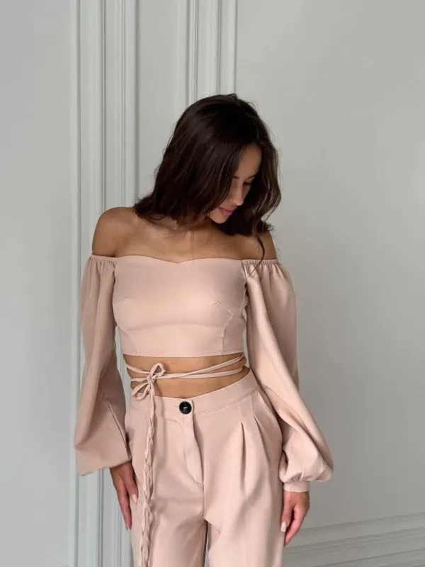 Beige_Stylish_Sleeveless_Tie-Up_Top_And_Wide_Leg_Pants