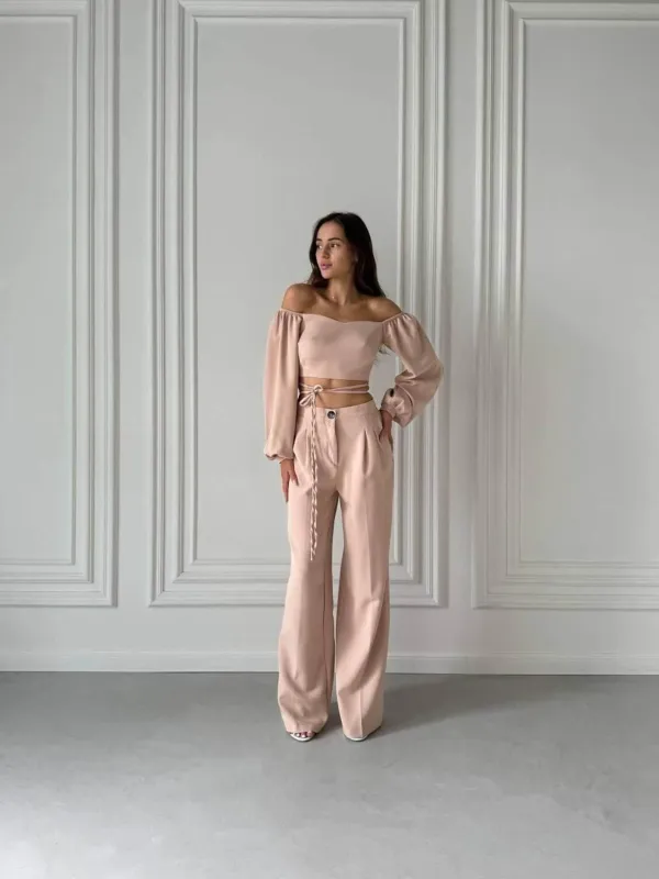 Beige_Stylish_Sleeveless_Tie-Up_Top_And_Wide_Leg_Pants