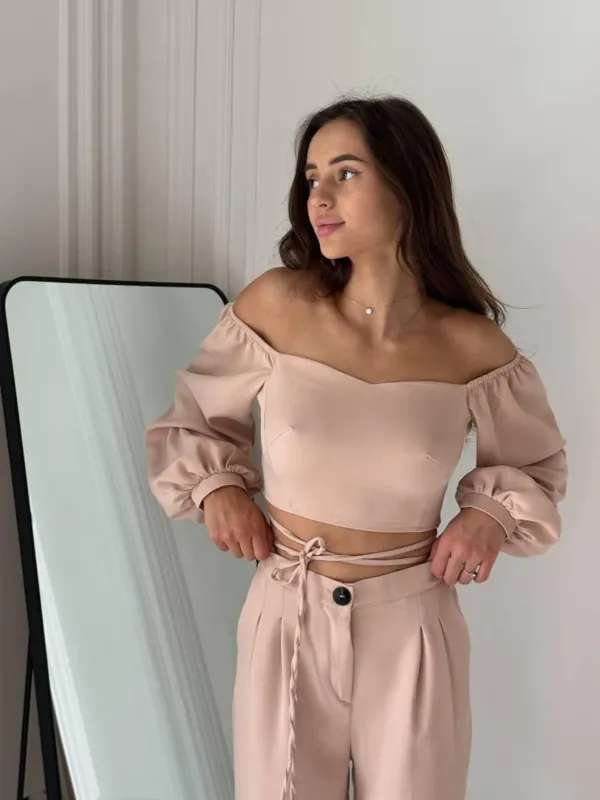 Beige_Stylish_Sleeveless_Tie-Up_Top_And_Wide_Leg_Pants