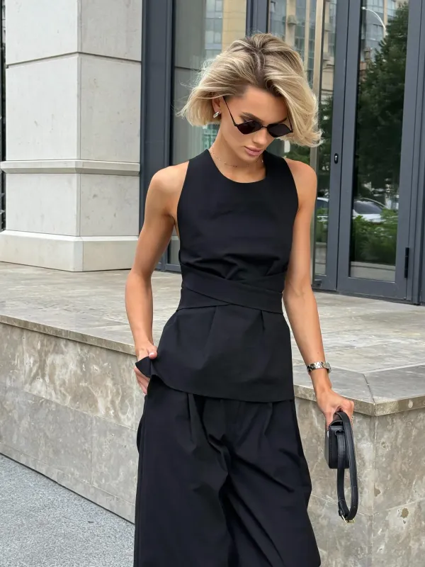 Black_Women_Sleeveless_Top_And_Wide_Leg_High_Waist_Pants