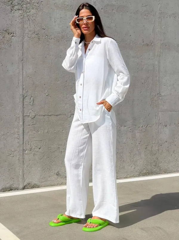 White_Summer_Two_Piece_Shirt_&_Pants_For_Women_&_Girls